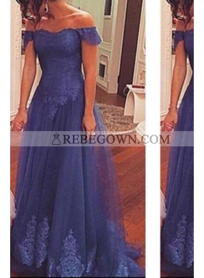 rebe gown 2022 Blue Off-the-Shoulder Natural Short Sleeves Lace Long Floor length Tulle Prom Dresses