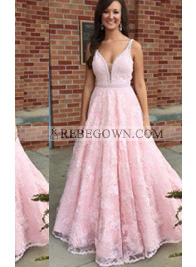 V-Neck Long Floor length Lace Natural Waist Sleeveless A-Line 2022 Glamorous Pink Prom Dresses