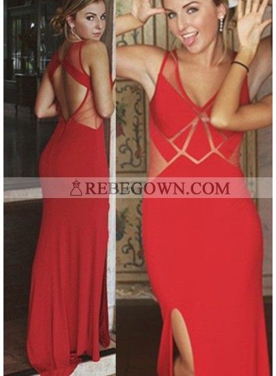 2022 Gorgeous Red Illusion Side-Slit Column/Sheath Prom Dresses