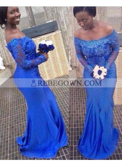 Royal Blue Long Sleeve Off-the-Shoulder Appliques Column/Sheath Prom Dresses