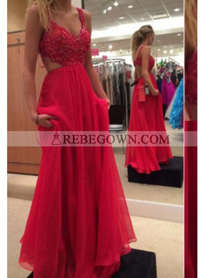 2022 Gorgeous Red Long Floor length A-Line Beading Straps Chiffon Prom Dresses