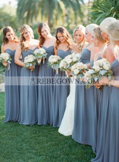 2022 Grey Sweetheart Floor Length pleated Chiffon Bridesmaid Dresses / Gowns