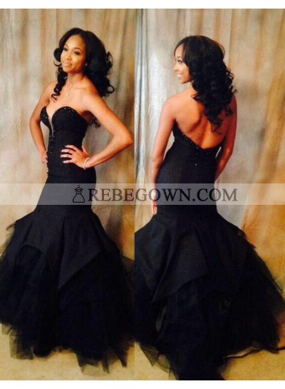 2022 Junoesque Black Sweetheart Natural Backless Mermaid Tulle Prom Dresses
