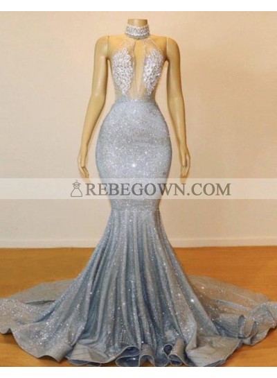 2022 High Neck Silver Backless Sexy Mermaid  Prom Dresses