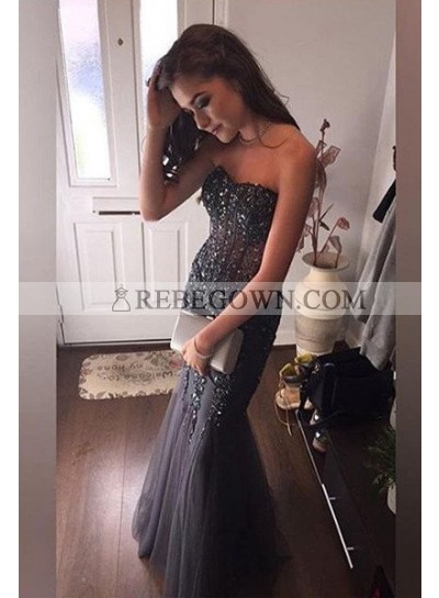 Grey Crystal Sweetheart Mermaid Tulle Prom Dresses