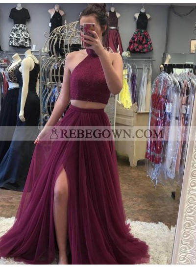 2022 Siren Princess/A-Line Tulle Side Slit Two Pieces Burgundy Prom Dresses