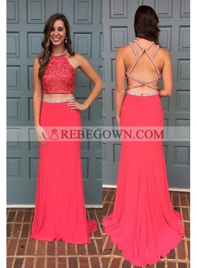 2022 Gorgeous Red Halter Column/Sheath Two Pieces Stretch Satin Prom Dresses