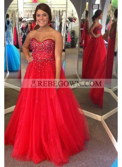 2022 Gorgeous Red Prom Dresses Sweetheart Beading Ball Gown Tulle