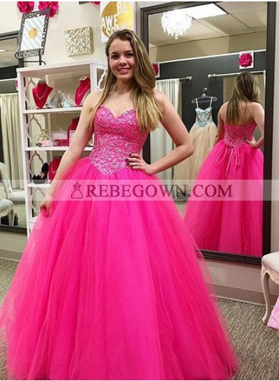 Beading Lace Up Ball Gown Tulle Prom Dresses