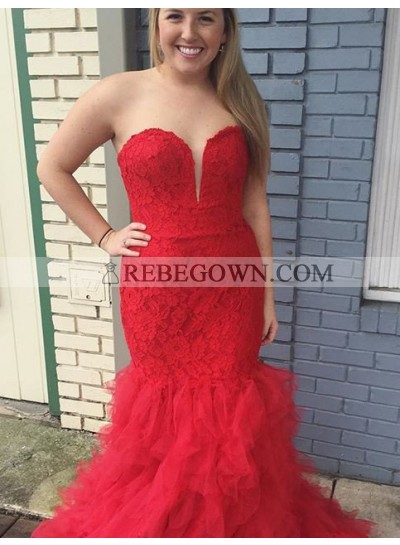 2022 Gorgeous Red Prom Dresses Sweetheart Backless Lace Mermaid Tulle