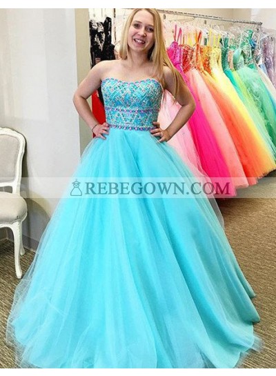 rebe gown 2022 Blue Prom Dresses Strapless Beading A-Line Tulle