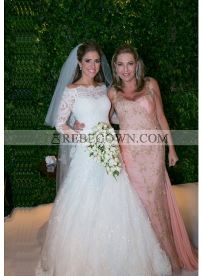 Lace Princess Floor Length Bateau 1/2 Sleeves Wedding Bridal Gowns / Dresses