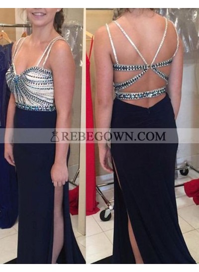rebe gown 2022 Blue Prom Dresses Spaghetti Straps Beading Backless Side Slit