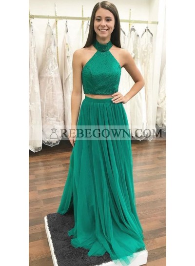 Jade Tulle Two Pieces Jewel Prom Dresses