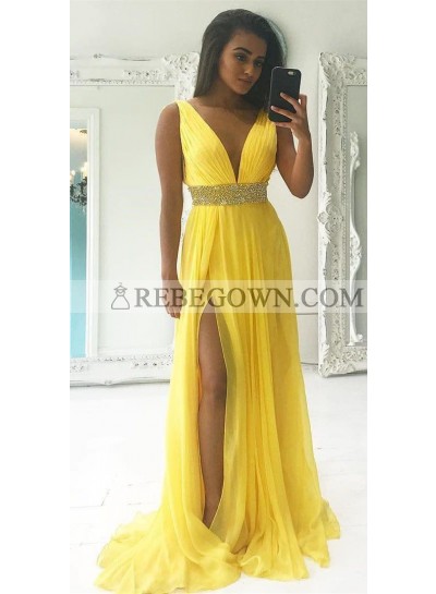 2022 Cheap Chiffon Princess/A-Line V-neck Daffodil Prom Dresses