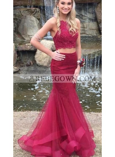 2022 Siren Mermaid Two Pieces Burgundy Tulle Prom Dresses