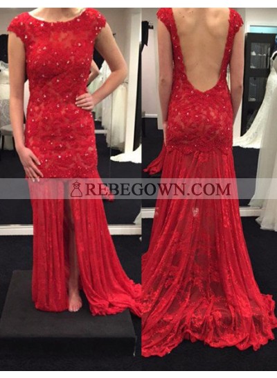 2022 Gorgeous Red Backless Lace Appliques Prom Dresses