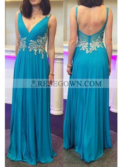 rebe gown 2022 Blue V-Neck Open Back Long Floor length A-Line Chiffon Prom Dresses
