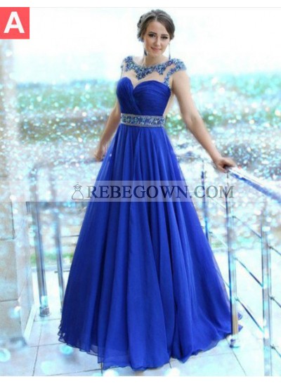 Royal Blue Crystal Capped Sleeves A-Line Chiffon Prom Dresses