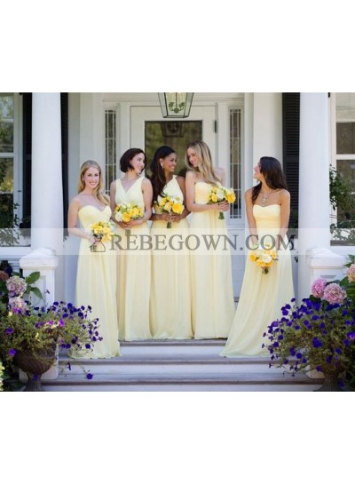 2022 Cheap A Line Daffodil Chiffon Strapless Long Bridesmaid Dresses / Gowns