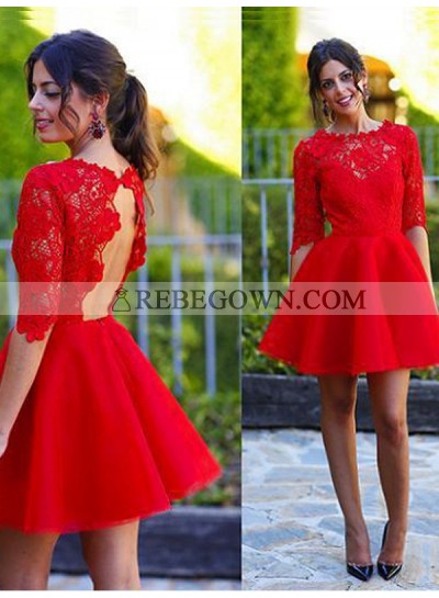 A-Line Princess Scoop 1/2 Sleeves Lace Short Homecoming Dresses