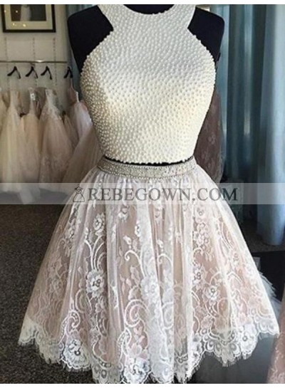 A-Line Princess Sleeveless Halter Pearls Short Lace Two Piece Homecoming Dresses