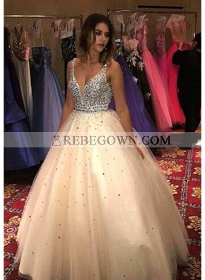 Newly Ball Gown Champagne Tulle V Neck 2022 Prom Dresses