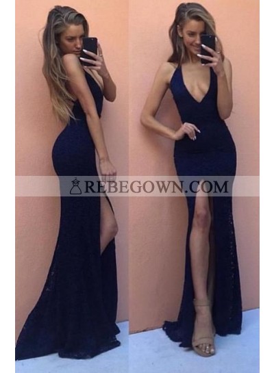 Sexy Navy Blue Trumpet/Mermaid  Backless Side Slit 2022 Prom Dresses