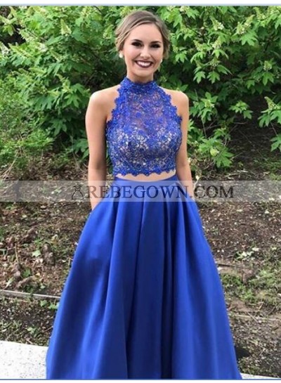 Newly A-Line Satin Royal Blue Two Pieces Lace Prom Dresses 2022