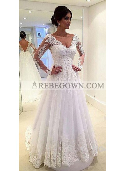 Cheap A Line Long Sleeves V Neck Tulle With Appliques 2022 Wedding Dresses