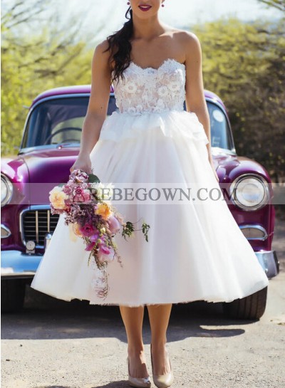 2022 A Line Cheap Tea Length Sweetheart With Lace Patterns Short Wedding Dresses