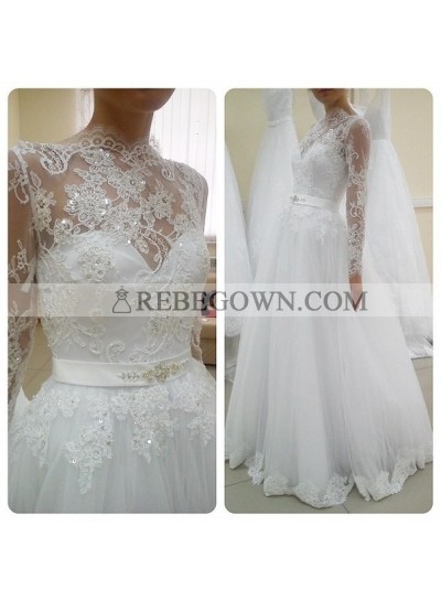 A Line Tulle With Appliques And Belt Long Sleeves 2022 Cheap Wedding Dresses