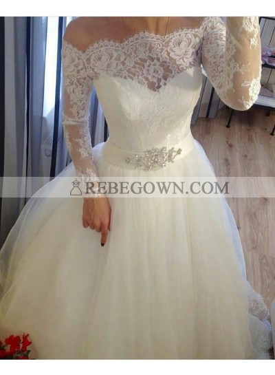 2022 A Line Off The Shoulder Long Sleeves Lace With Tulle Wedding Dresses