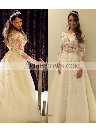 2022 Cheap A Line Tulle Off The Shoulder Long Sleeves Wedding Dresses