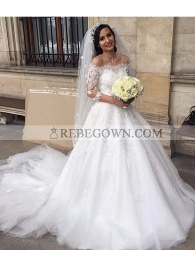 2022 New Arrival A Line Tulle Off The Shoulder Long Sleeves Wedding Dresses