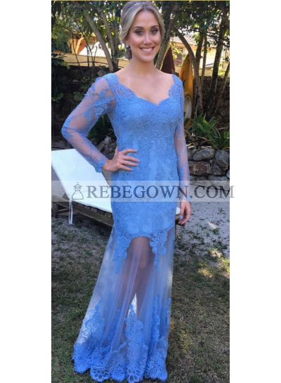 2022 Sheath Long Sleeves Tulle Prom Dresses With Appliques
