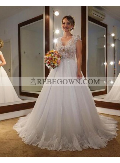 Elegant A Line Tulle With Lace 2022 Capped Sleeves Wedding Dresses