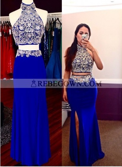 2022 Sheath Royal Blue Two Pieces Beaded Prom Dresses