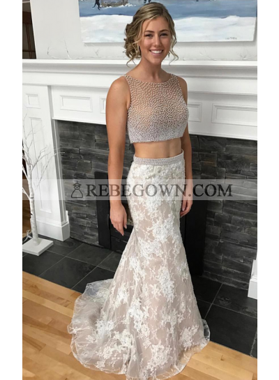 2022 New Arrival Sheath Two Pieces White Lace Prom Dresses