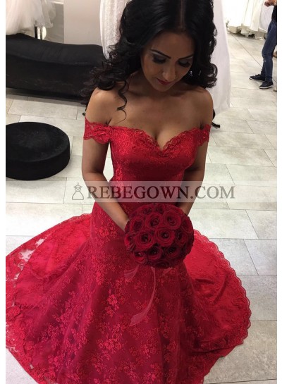 2022 Red Mermaid  Sweetheart Lace Wedding Dresses With Straps