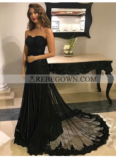 2022 A-Line Black Strapless Prom Dresses With Appliques
