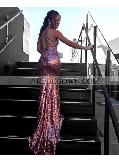 Charming Sequence Backless 2022 Dusty Rose Prom Dresses
