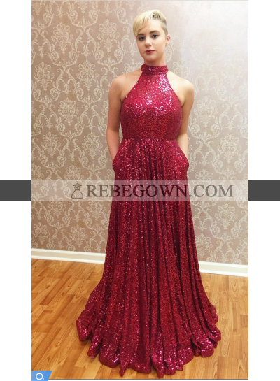 2022 A-Line Red Sequence Jewel Prom Dresses