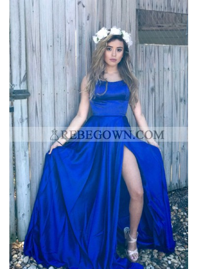 Backless A-Line Side Split Satin Royal Blue 2022 Prom Dresses