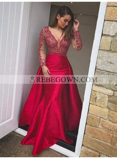 New Arrival Red Long Sleeves Trumpet/Mermaid  Satin 2022 Prom Dresses