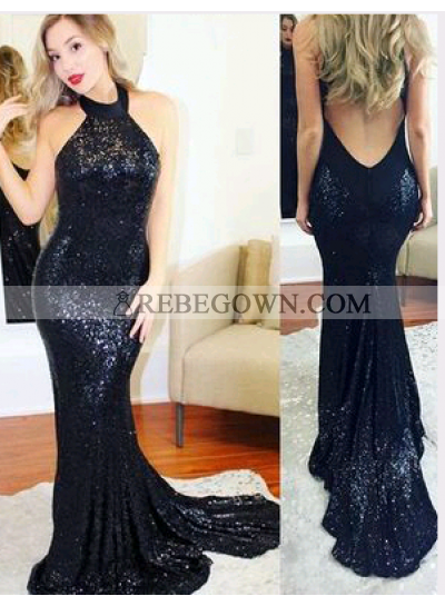 2022 Black Trumpet/Mermaid  Backless Sequence Prom Dresses