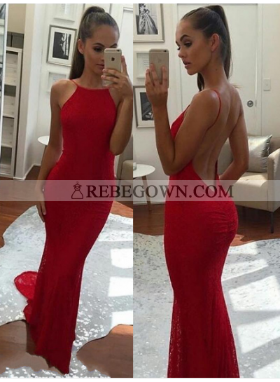 2022 Cheap Trumpet/Mermaid  Red Backless Prom Dresses