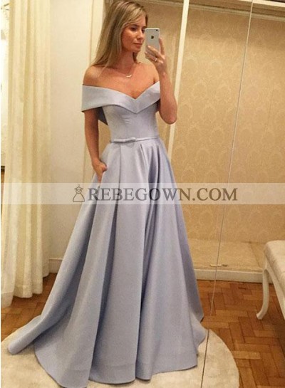 Cheap A-Line Satin Off The Shoulder Lavender Prom Dresses 2022