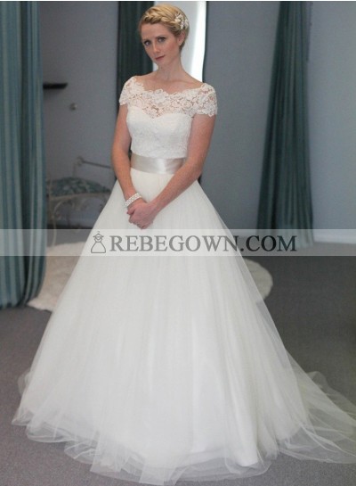 2022 Elegant A Line Tulle With Belt Capped Sleeves Wedding Dresses