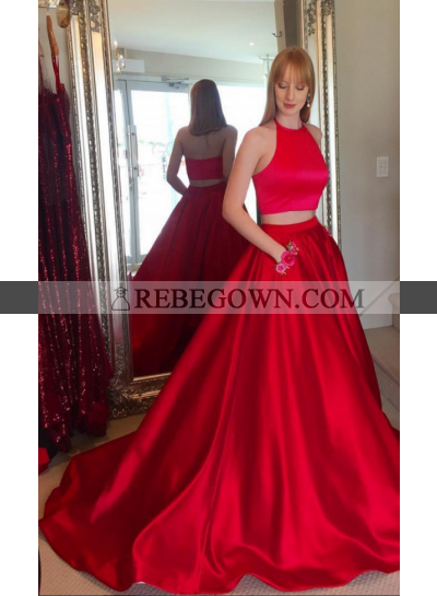 Charming Red Satin Two Pieces Ball Gown 2022 Prom Dresses
